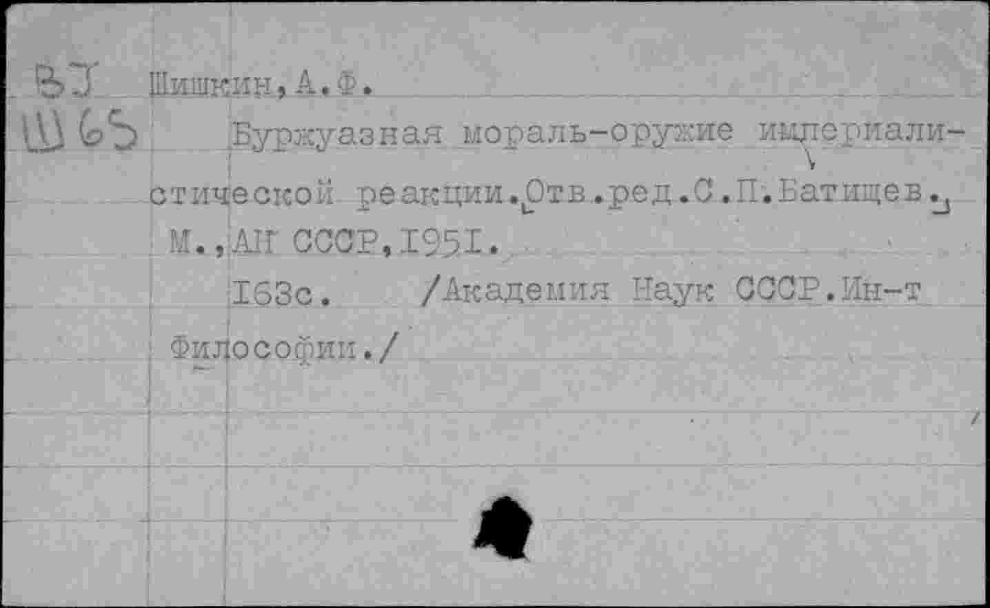 ﻿'ЬЗ Шишкин, А. ф.
стической реакции.ртв.ред.С. Л. Батищев . И., АН СССР,1951.
163с. /Академия Наук СССР.Ин-т
Фидосо.фии./